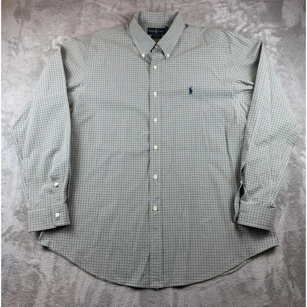 Ralph Lauren Shirt Mens‎ XL Long Sleeve Green Blue Check Plaid 120's 2-ply